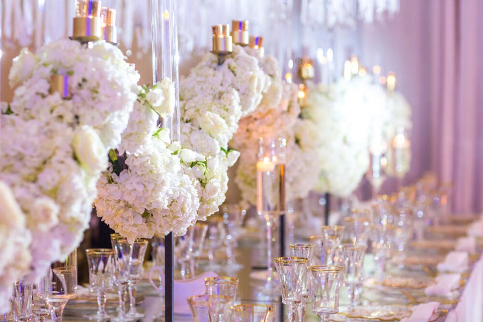 Photo of elaborately decorated dining room for wedding