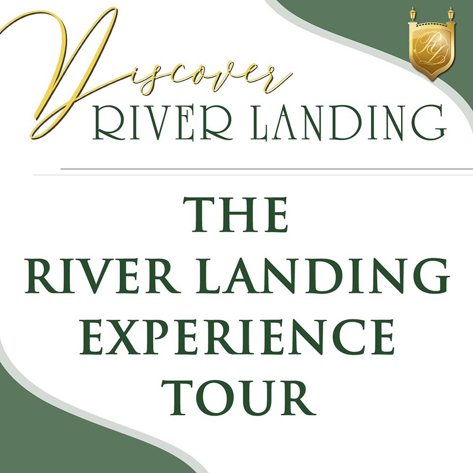 Graphic showing dark green serif type with River landing crest and green swooshes in corners