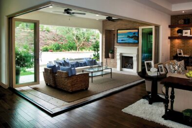 Photo of a living room with folding glass doors