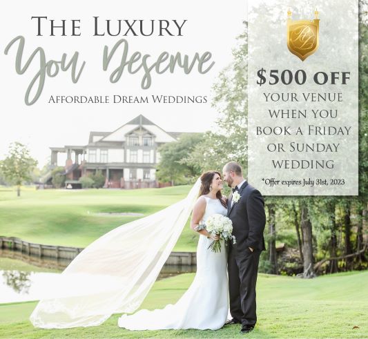 bride and groom in front of clubhouse with offer for $500 off your venue when you book a friday or sunday wedding